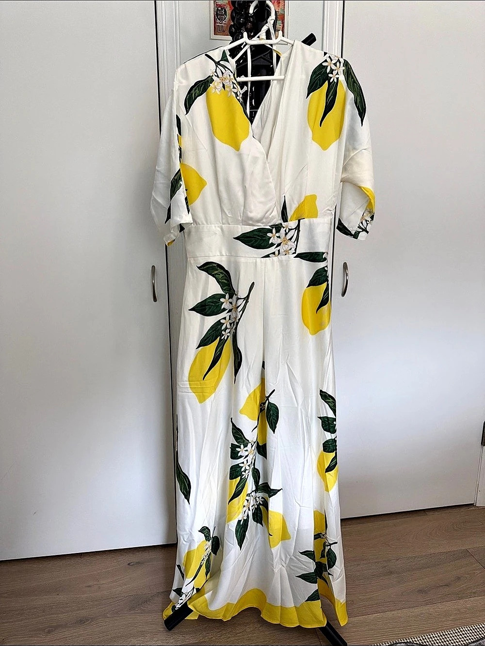 Blue Vanilla Lemon Print Front Tie Jumpsuit Floral Maxi Dress in White & Yellow